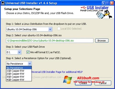 Ekrano kopija Universal USB Installer Windows 10