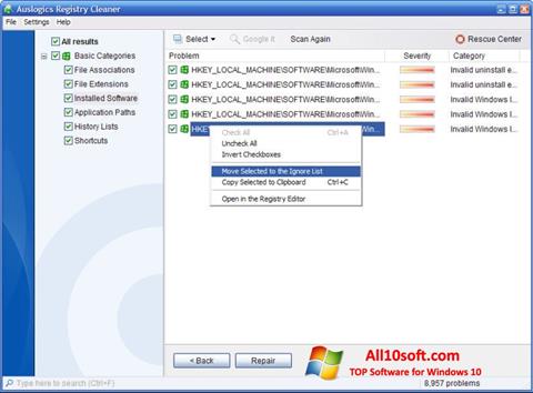 Ekrano kopija Auslogics Registry Cleaner Windows 10