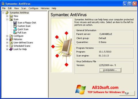 Ekrano kopija Symantec Antivirus Windows 10