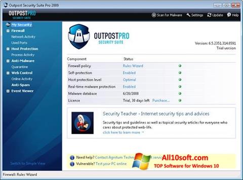 Ekrano kopija Outpost Security Suite PRO Windows 10