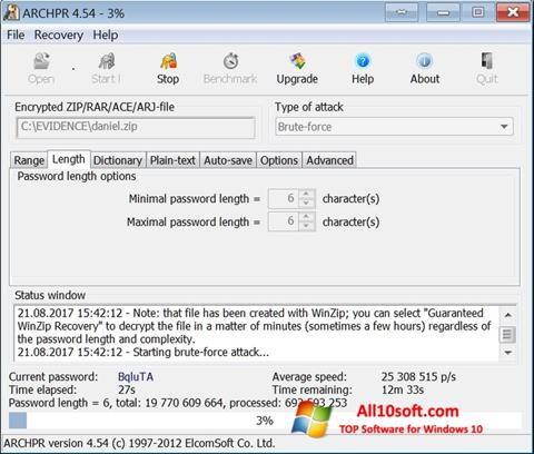 Ekrano kopija Advanced Archive Password Recovery Windows 10
