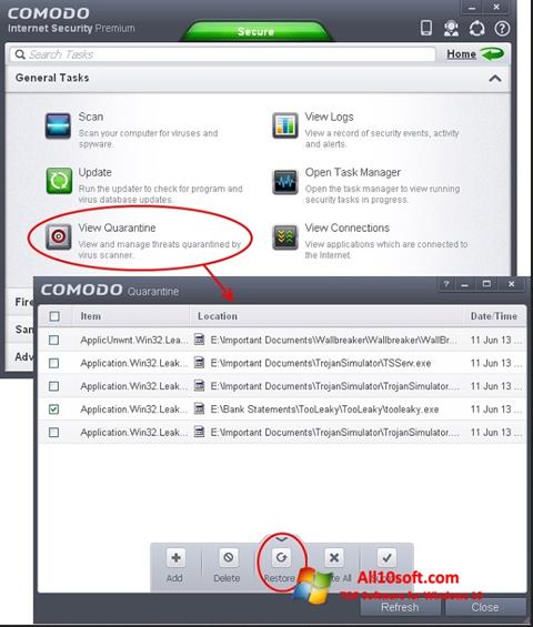 Ekrano kopija Comodo Internet Security Windows 10