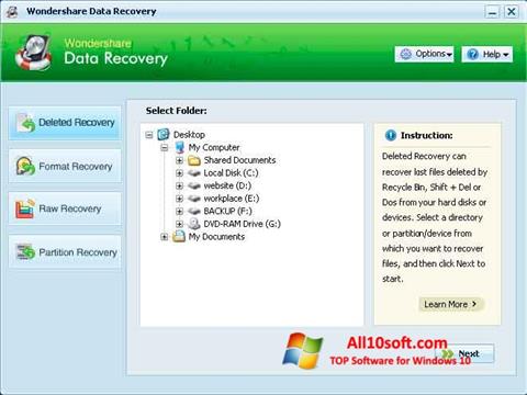 Ekrano kopija Wondershare Data Recovery Windows 10