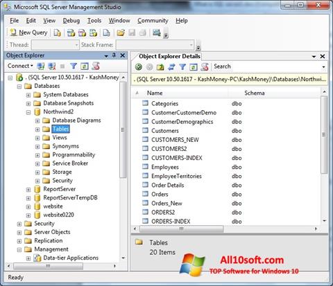 Ekrano kopija Microsoft SQL Server Windows 10